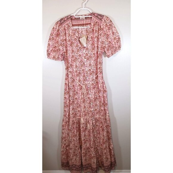 Faherty Orina Maxi Floral Boho Cotton Short Sleeve V-Neck Dress Size S NWT